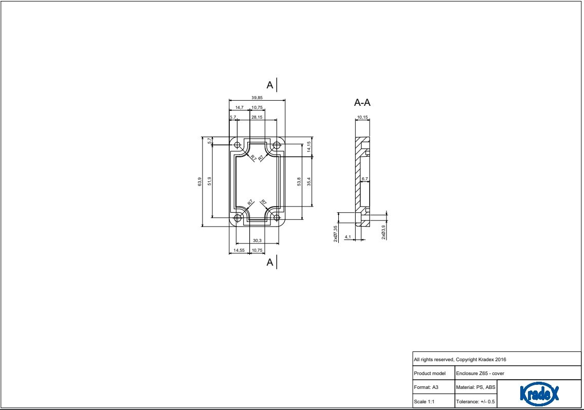 Plastmasas korpuss, 40x64x30.3mm, polistirens, pelēkā krasa