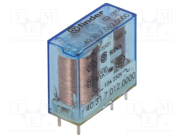 Relejs DC12V, SPDT, 10A/250VAC, 10A/30VDC, 220R(54.5mA), viens kontakts uz pārslēgšanu, 29x12.4x25mm, FINDER