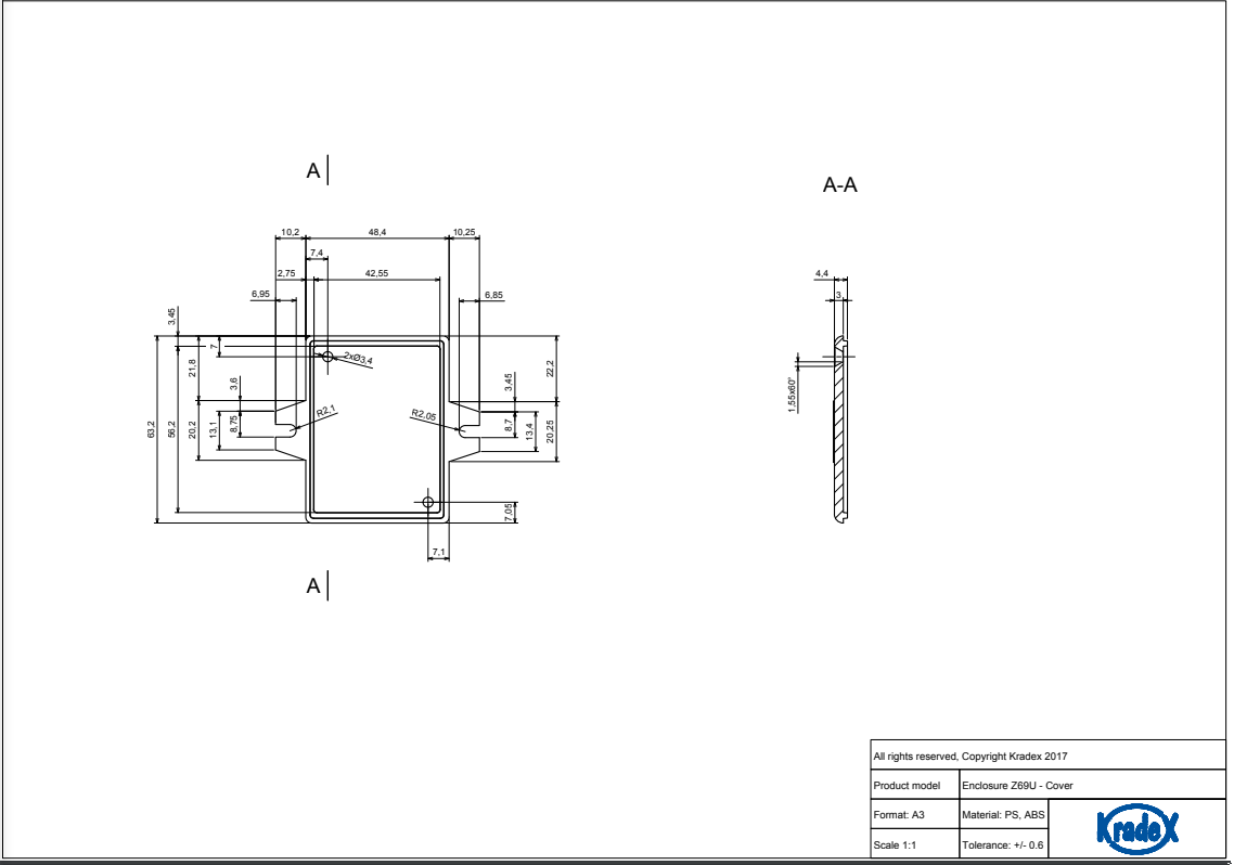 Plastmasas korpuss, 49x64x17mm, polistirens, pelēkā krasa, ar piestiprinājumiem