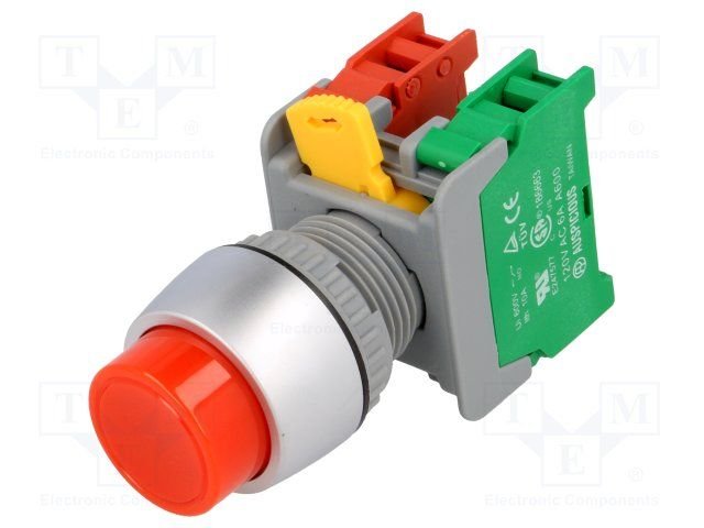 Paneļu slēdzejs, 22mm, 2 poz., OFF-(ON), (uzstājošās sarkanā), IP65, 3A/230VAC, divi kont. uz sasl/atslēg. bez fiksācijas
