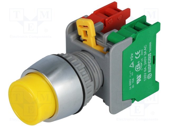 Paneļu slēdzejs, 22mm, 2 poz., OFF-(ON), (uzstājošās dzeltenā), IP65, 3A/230VAC, divi kont. uz sasl/atslēg. bez fiksācijas