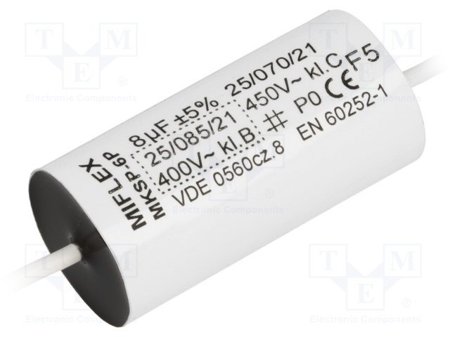 8.0/450V+cable elektromotoru kondensators,  Ø21x47mm, ±5%, aksialie izvadi