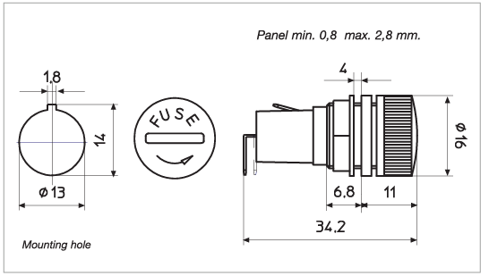 Drošinātāju turētājs 5x20mm, 10A, 250VAC, par paneļu