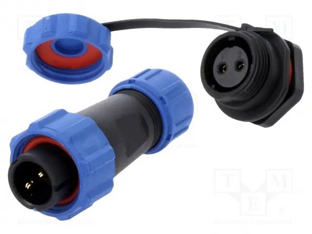 2Pin rūpņiecības savienotājs "papa spraudis + mama sasijai ligzda ar vaciņu", 5A/500V, IP67, lodešanai