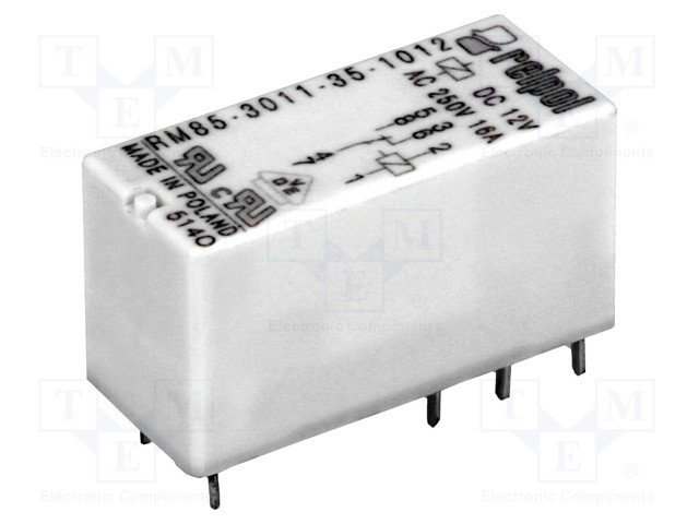 Relejs DC12V, SPDT, 16A/250VAC, 16A/24VDC, 360R(33mA), viens kontakts uz pārslēgšanu, AgNi, 29x12.7x15.7mm, RELPOL