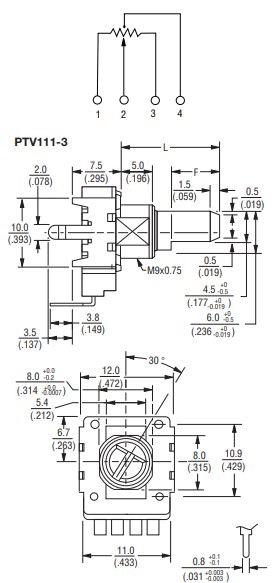 50K mono, 12x14x7.5mm, 4pin, 50mW, 6mm, L=9mm, potenciometrs ar lineare atkarību, THT, vertikāls, D-profils, tonkompensacija