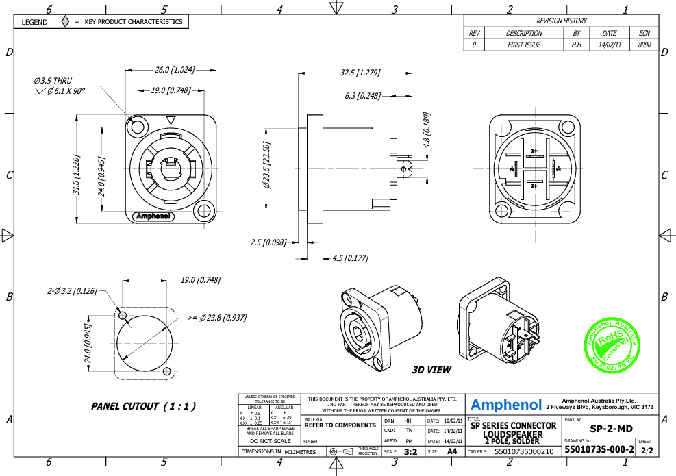 2pin, speakon ligzda, šasijai kvadrats, 26x26x32.5mm, AMPHENOL
