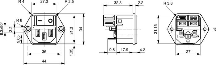 Tikla štekers, 250VAC, 15A, C14(E), + sledzējs(SPST), 2 skrūves, SCHURTER, šasijai