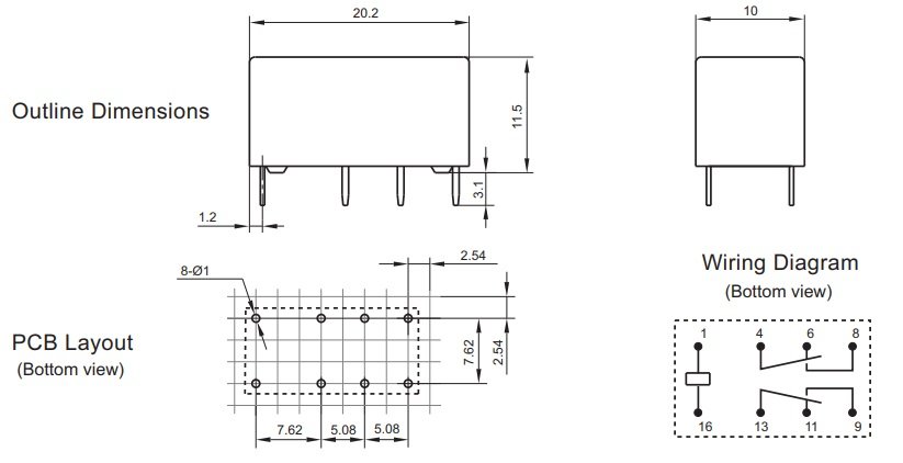Relejs DC24V, DPDT, 2x1A/125VAC, 2x2A/30VDC, 1.6kΩ(15mA), divi kontakti uz pārslēgšanu, 20.2x10x11.5mm, HONGFA RELAY