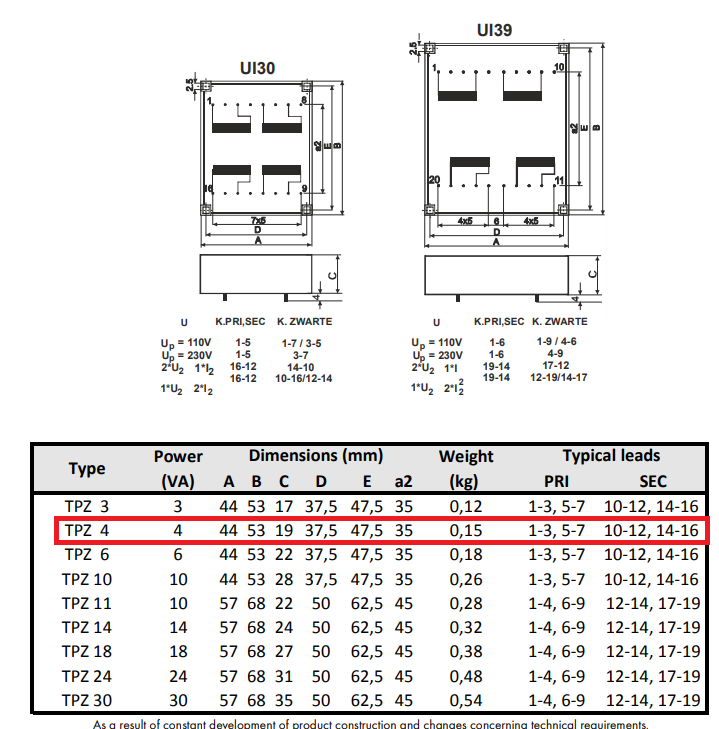 Transformators 115VAC/230VAC=>2x6V, 2x330mA, 4VA, 44x53x19mm, Pēc iepriekšēja pasūtījuma