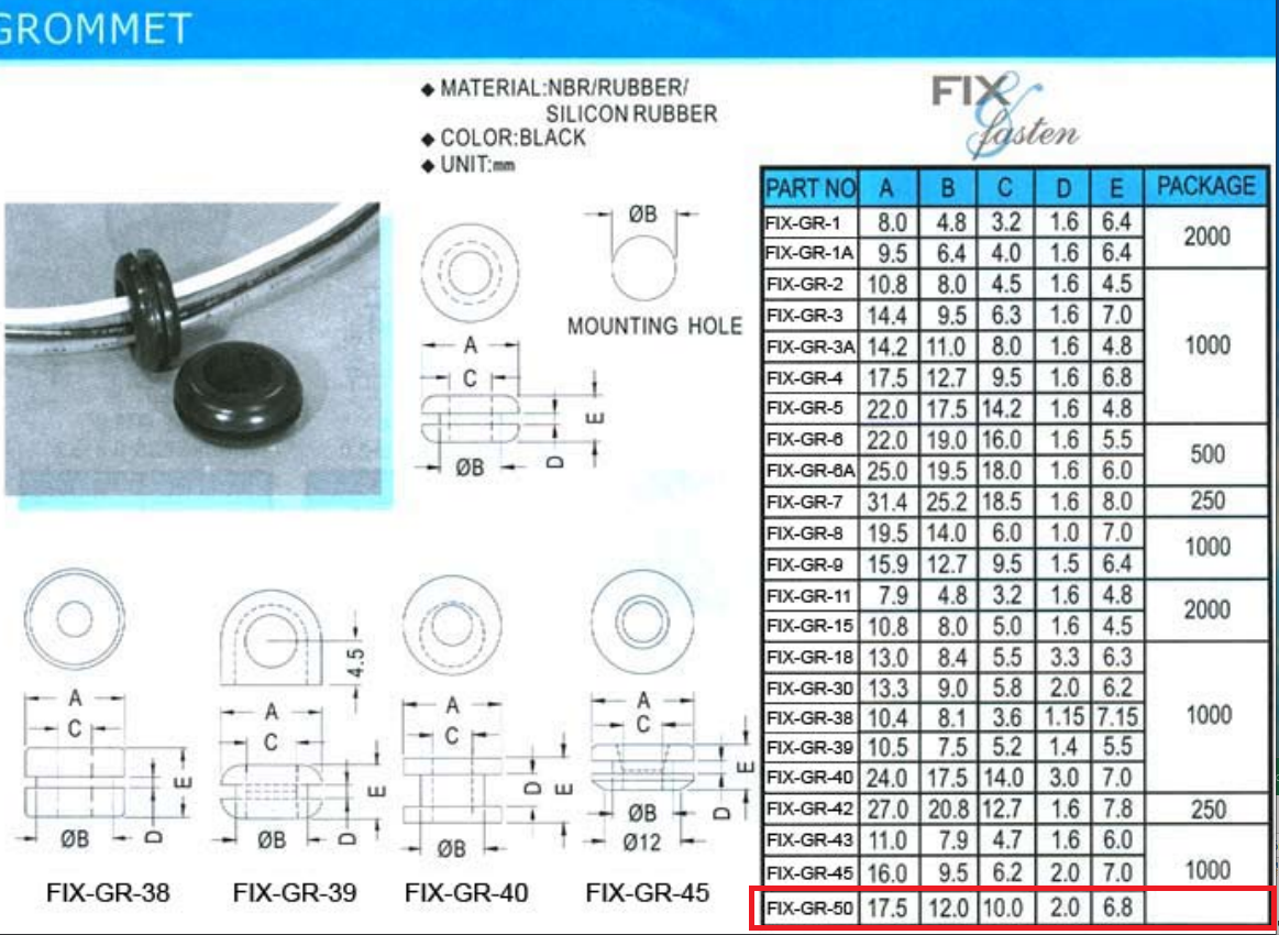 Kabeļu ievade gumijas d=10/D=12/h=2mm