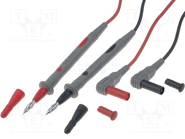Testera savienotājvadi 2gab., melns un sarkans, dakša "banāns" 4mm / zonde 4/2mm, 10A, PVH, EN61010 1000V CAT III, 1.2m