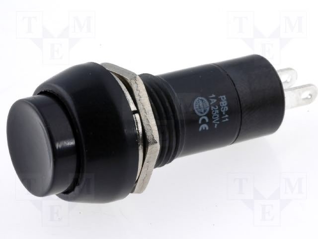 Poga SPST-NO, OFF-ON, 1A/250VAC, Ø12mm, Ø17.2x35.2mm, melnā krasa, ar fiksaciju