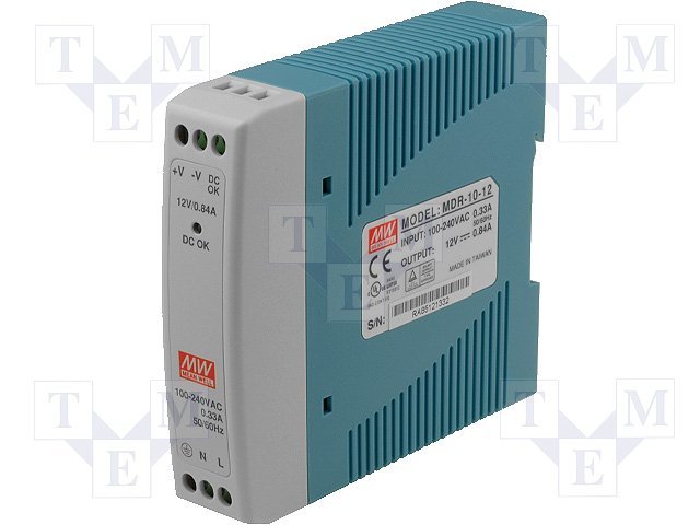 Barošanas avots, 12V, 0.84A, 10W, 85÷264VAC, DIN sliedei, Mean Well