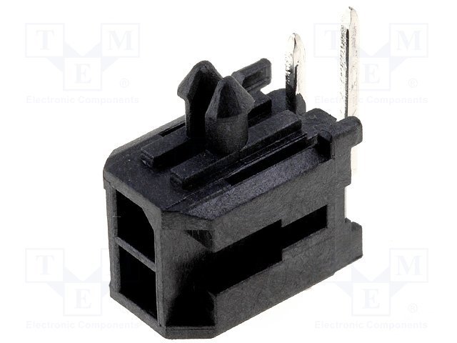 2pin(2x1), MicroFit, "mama/THT", šasijai, solis=3x3mm, 5A, leņķisks 90°