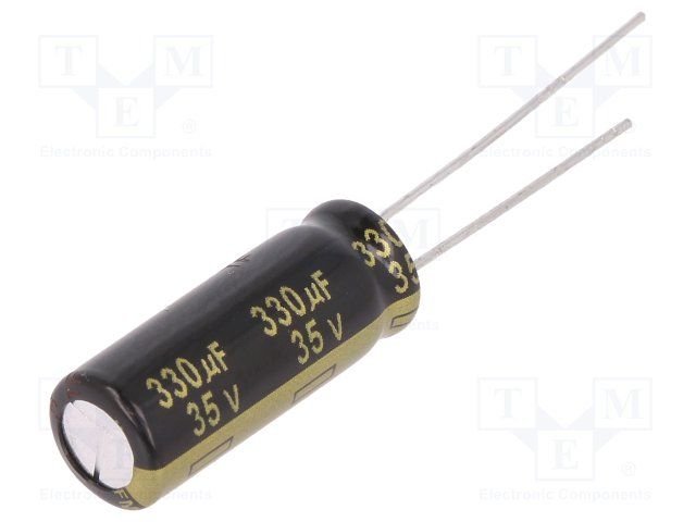 330/35V, 105C, Ø8x20mm, ±20%, Kondensatori zemas induktivitātes, 4000h, PANASONIC, ar lokaniem ivadiem