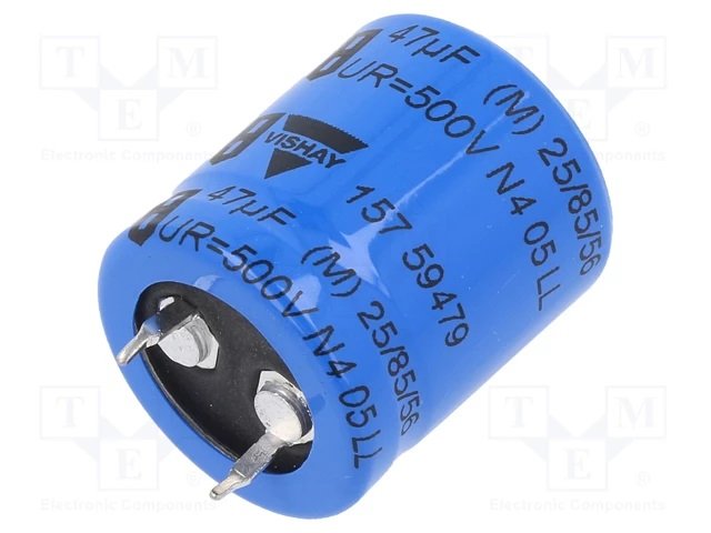 47/500V 85C, Ø22x25mm, ±20%, Kondensators elektrolītisks, 5000h, VISHAY, ar lokaniem izvadiem