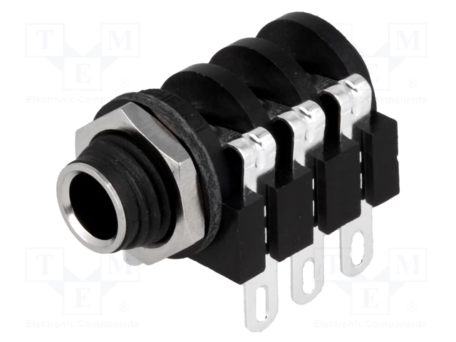 6.35mm ligzda, stereo, plastmasas, vadam, skrūvejamas šasijai M9, metāla uzgrieznis, 2 x on/off, AMPHENOL
