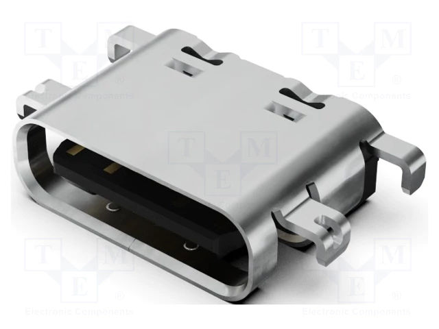 USB-C (type C), 2.0, ligzda uz šasija, SMT, vidū platei, 4 piestiprinājuma punkti, 16pin