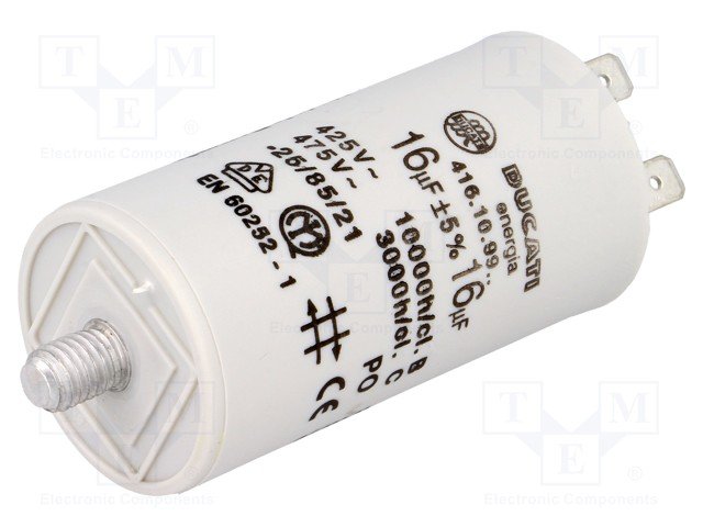 16.0/425VAC, ±5%, elektromotoru kondensators, klemes 6.3mm, 10000h, M8, Ø36x70mm