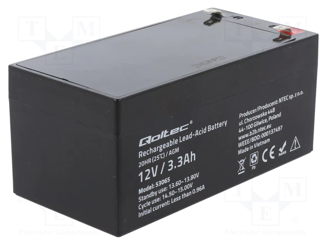 Rūpņiecības svina-skabes akumulators 12V, 3.3Ah, 134x67x60mm, QOLTEC, 1.16kg.