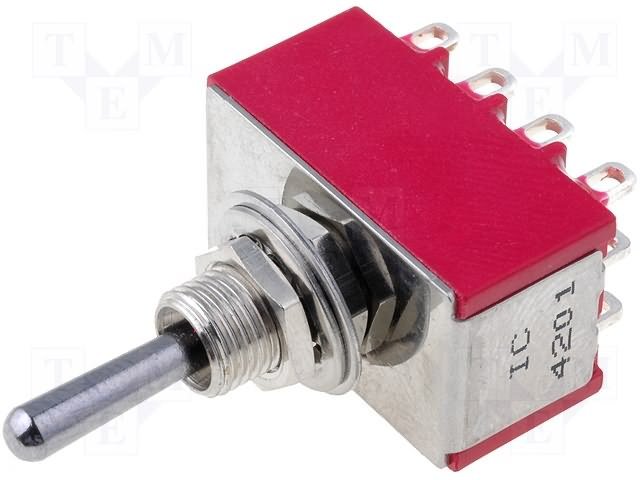 Tumblers, 4P3T, ON-OFF-ON, 5A/125VAC, 5A/28VDC, lodēšanai, M6, 21.6x12.7x12mm, IC SWITCHES, ar fiksaciju
