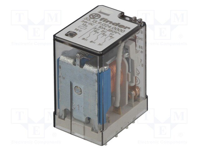 Relejs DC24V, 3PDT, 3x10A/250VAC, 3x10A/24VDC, 600Ω(40mA), IP40, trīs kontakti uz pārslēgšanu, THT, 27.7x20.7x35.8mm, FINDER