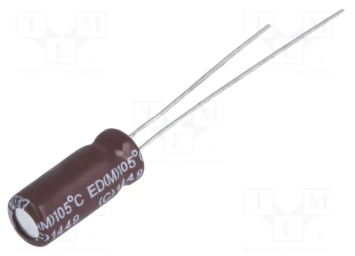2.2/50V, 105C, Ø5x11mm, ±20%, Kondensatori zemas induktivitātes, 2000h, Elite, ar lokaniem izvadiem