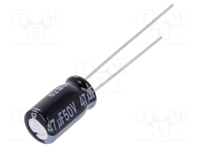 47/50V, 105C, Ø6.3x11mm, ±20%, Kondensatori zemas induktivitātes, 5000h, PANASONIC, ar lokaniem izvadiem
