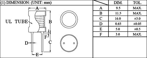 Drosele vertikālā, 220uH, 1.15A, 380mΩ, THT, ±10%, Ø9.5x11.5mm