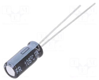 10/50V, 105C, Ø5x11mm, ±20%, Kondensatori zemas induktivitātes, 0.34R, 5000h, PANASONIC, ar lokaniem izvadiem