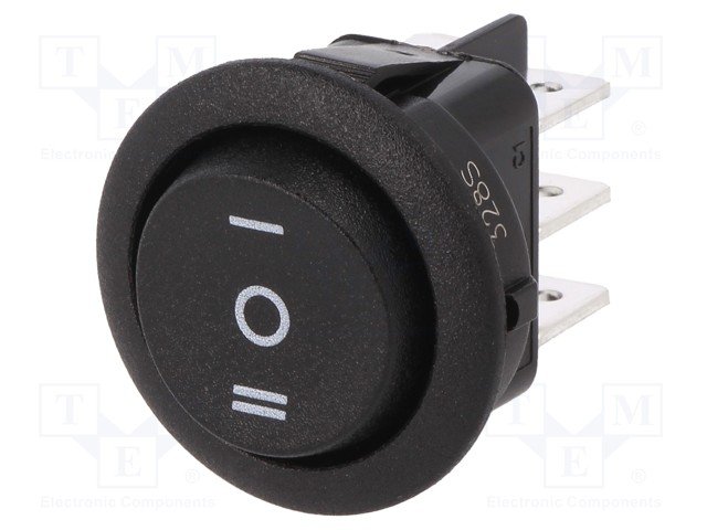 Taustiņslēdzis DP3T, ON-OFF-ON, 10A/250VAC, 10A/125VAC, D=23mm, melna krasa, (--O=), apaļa, ar fiksāciju