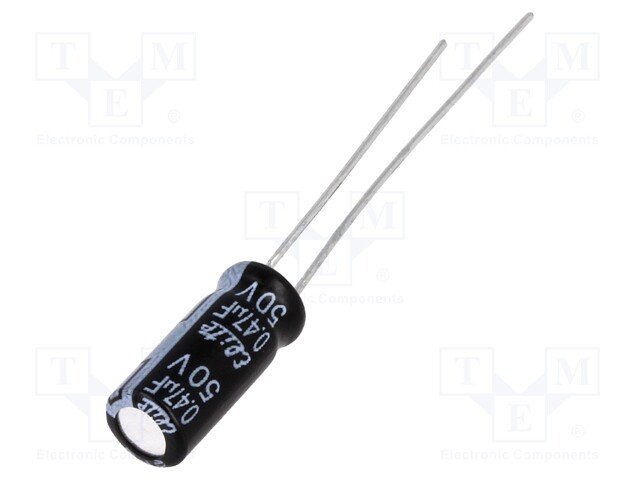 0.47/50V, 105C, Ø5x11mm, ±20%, Kondensators elektrolītisks, 2000h, ELITE, ar lokaniem izvadiem