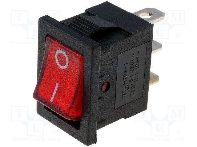Taustiņslēdzis SPST, ON-OFF, 3A/250VAC,6A/125VAC, 18.8x12.9x14.4mm, apgaism. neona lamp. (--O), sarkana krasa, ar fiksāciju