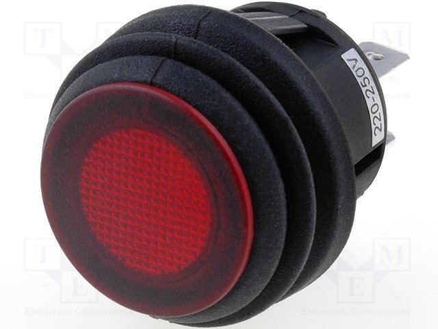 Taustiņslēdzis SPST, ON-OFF, 10A/250VAC, D=23mm, IP65, apgaism. neona lamp., sarkana krasa, apaļa, ģermetiska, ar fiksāciju