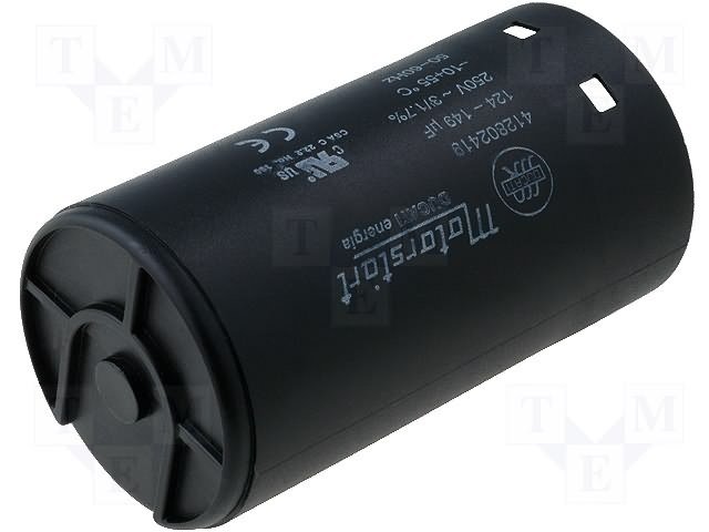 136.0/250VAC, ±10%, elektromotoru kondensators, klemes 6.3mm, M8, Ø45.5x84mm
