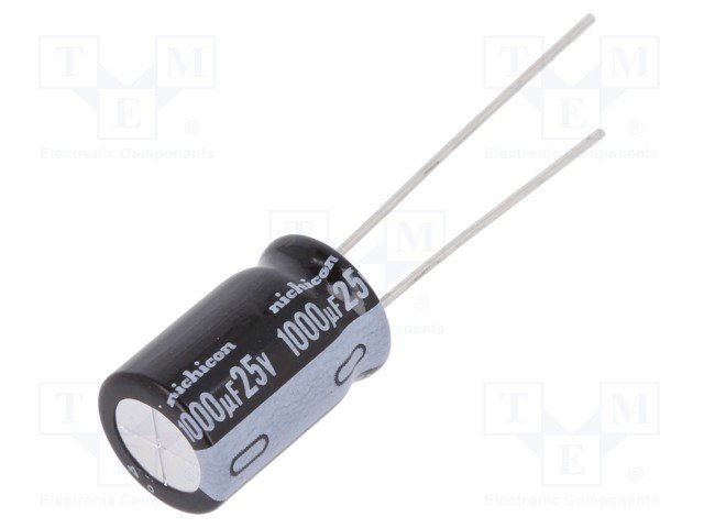 1000/25V, 105C, Ø10x16mm, ±20%, Kondensators elektrolītisks, 1000h, NICHICON, ar lokaniem izvadiem