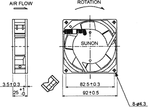 92x92x25mm, AC230V, ritgultnis, 51m3/h, 37dB, 2350rpm, 14.5W, Ventilators
