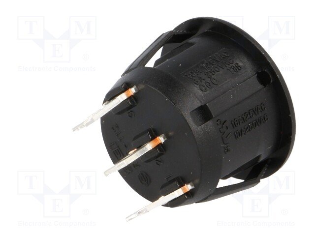 Taustiņslēdzis SP3T, ON-OFF-ON, 6A/250VAC, 20A/12VDC, D=23mm, melna krasa, (--O=), apaļa, ar fiksāciju