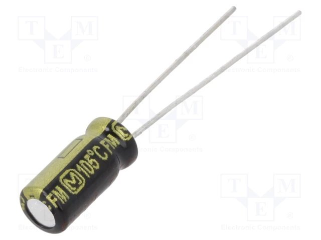 47/25V, 105C, Ø5x11mm, ±20%, Kondensatori zemas induktivitātes, 0.3Ω, 2000h, PANASONIC, ar lokaniem izvadiem