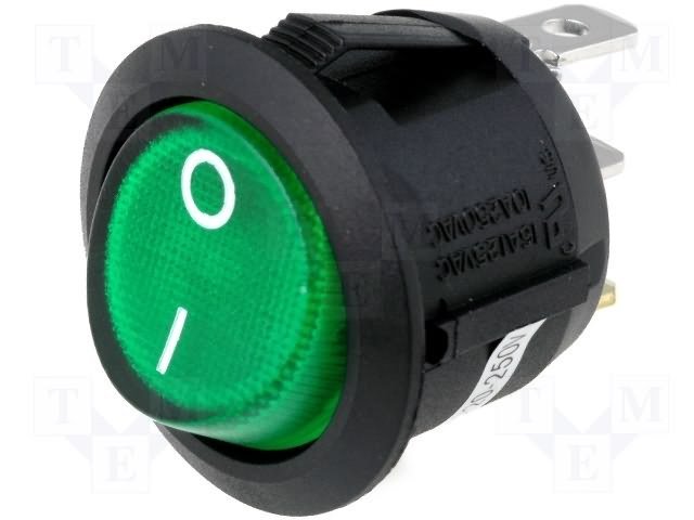 Taustiņslēdzis SPST, OFF-ON, 6.0A/250VAC, D=23mm, ar apgaism. neon. spul., (--O), zaļā krasa, ar fiksāciju
