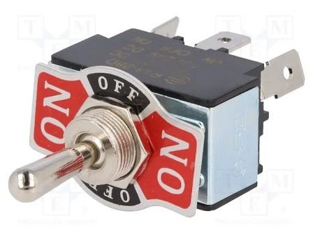 Tumblers, SP3T, ON-OFF-ON, 20A/12VDC, konektori 6.3mm, M12, 33.2x19x19mm, ar fiksaciju