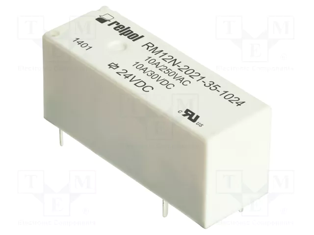 Relejs DC24V, SPST-NO, 10A/250VAC, 10A/30VDC, 2.35kΩ(10mA), viens kontakts(5.08mm) uz saslēgšanu, 28.7x10.3x12.7mm, RELPOL