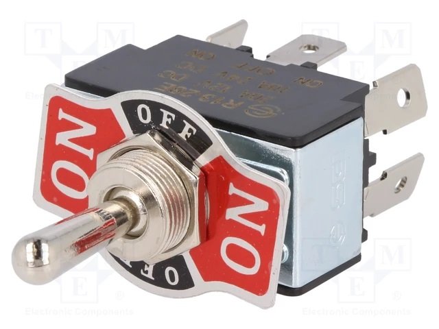 Tumblers, DP3T, ON-OFF-ON, 20A/12VDC, kontakti 6.3mm, M12, 33.2x19x19mm, ar fiksaciju