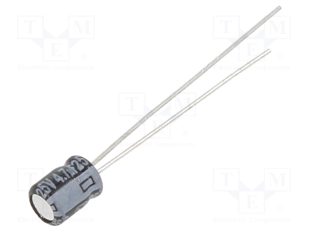 4.7/25V, 105C, Ø4x5mm, ±20%, Kondensatori Mini, PANASONIC, ar lokanien izvadiem