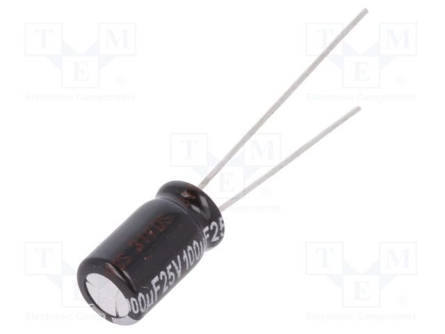 100/25V, 105C, Ø6.3x11mm, ±20%, Kondensators elektrolītisks, 5000h, PANASONIC, ar lokaniem izvadiem