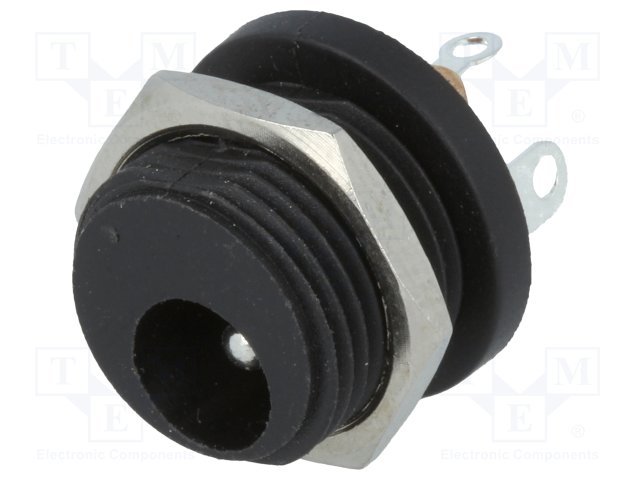 2.1*5.5mm, ligzda, skruvējamā (M12.5x1), on/off, plastmasas, vadam, 0.5A/12VDC, uzgrieznis priekšpusē, CLIFF