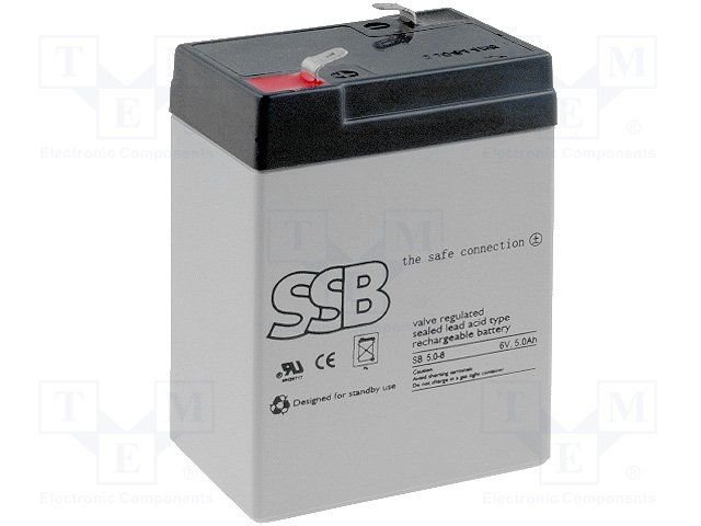 Rūpņiecības svina-skabes akumulators 6V, 5Ah, 70x47x101mm, SSB, 0.75kg