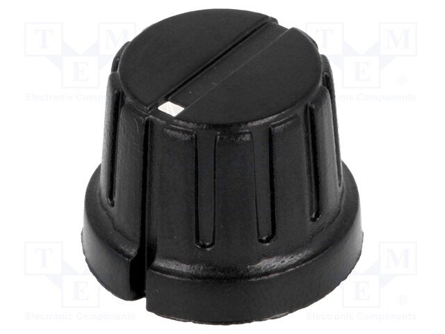 Potenciometru rokturitis Ø17x15.6mm, plastmasa, melna krasa, Ø6.35mm, ar skrūvi, svārki Ø20.7mm