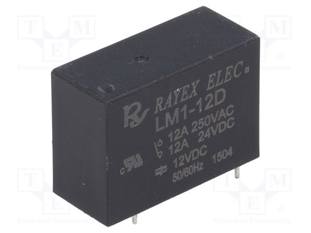 Relejs DC12V, SPDT, 12A/250VAC, 12A/30VDC,	270R(44mA), viens kontakts uz pārslēgšanu, 29x12.6x25.5mm, RAYEX ELECTRONICS